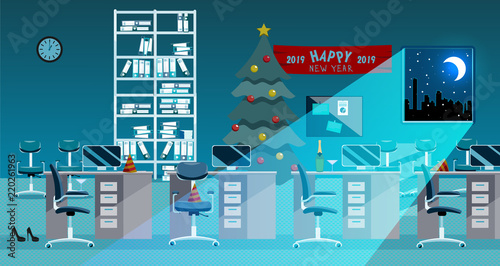 Flat vector illustration office room interior at new year night. Open space without people. Order on tables, document folders, turquoise moon light, christmas tree, file rack with documents, clock