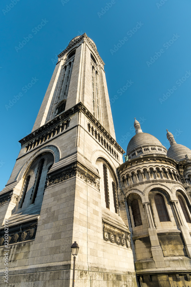 The bell tower of the Sacre Couer Basilica in Paris, France