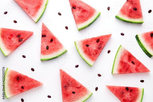 Watermelon slices pattern viewed from above. Top view. Summer concept.