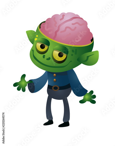 Zombie with open cranium smiling vector illustration. Corpse, monster, costume. Halloween concept. Vector illustration can be used for topics like holiday, masquerade, horror, fantasy