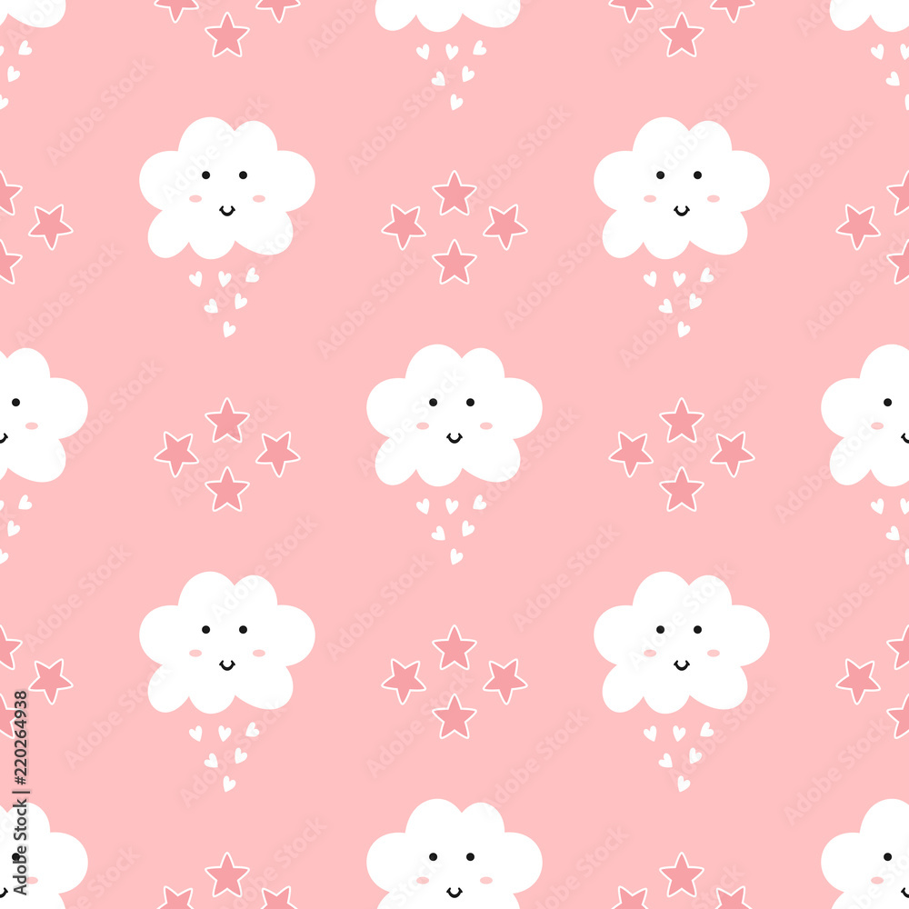 Seamless pattern for girls. Repeating stars, cute clouds with smiling face and rain drops in the form of hearts.