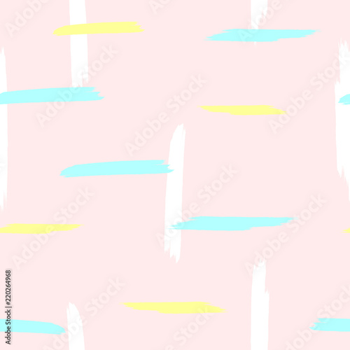 Seamless pattern with repeating lines painted with rough brush. Sketch, watercolour. Pink, white, turquoise, yellow.