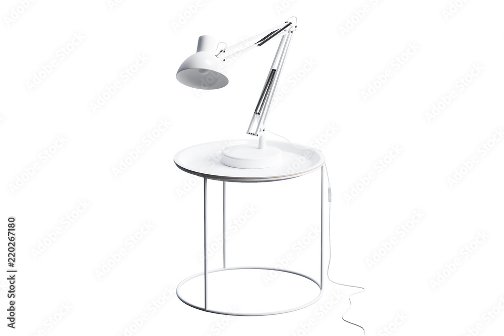 Modern white round coffee table with lamp on thin legs and round base. 3d render Modern white round coffee table with lamp on thin legs and round base. 3d render