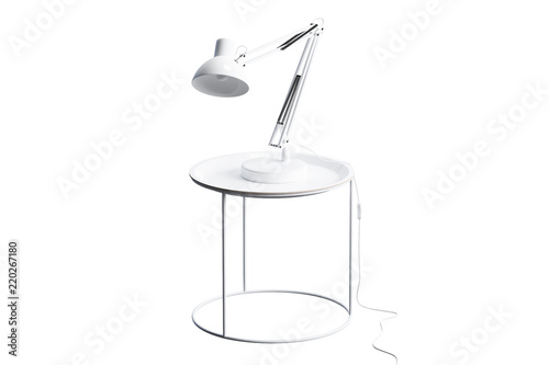 Modern white round coffee table with lamp on thin legs and round base. 3d render