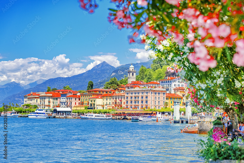 Fototapeta premium Italy, Europe. Lake Como and lovely village Bellagio, view through pink flowers of oleander plant. Gorgeous travel background of traditional italian small towns, lake Como is popular summer resort.