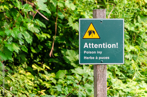 Fotografie warning sign for poison ivy in English and French