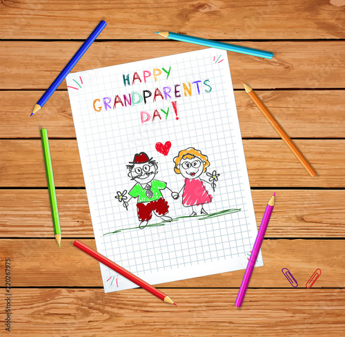 happy grandparents day kids hand drawn greeting card with grandpa and grandma together.