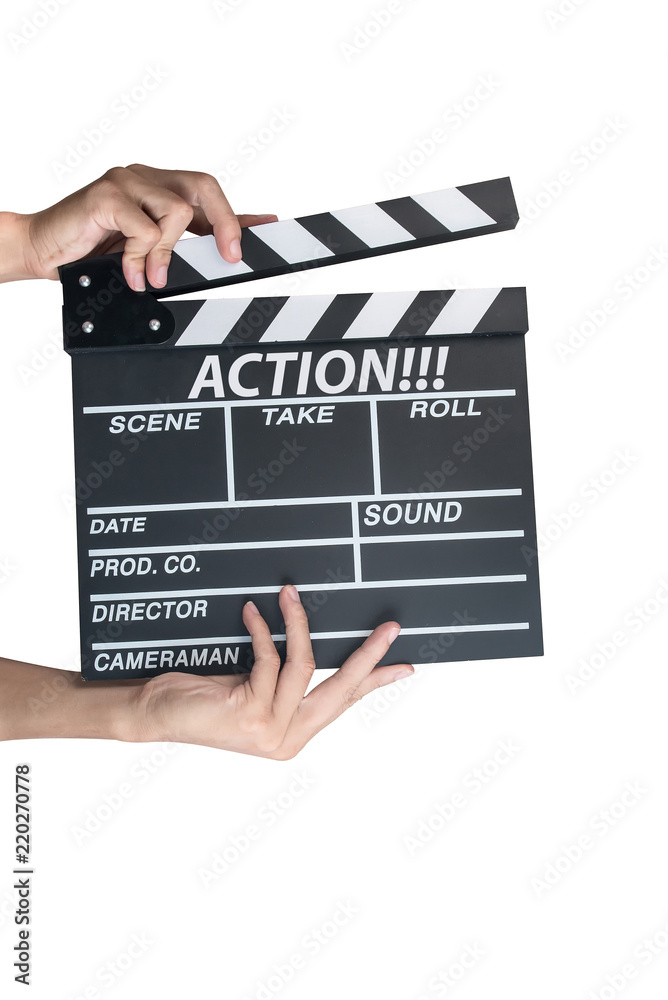 Man holding movie production clapper board isolated on white background