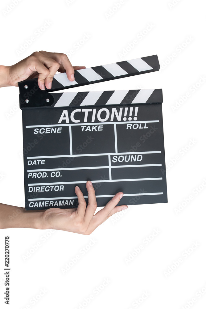 Obraz premium Man holding movie production clapper board isolated on white background