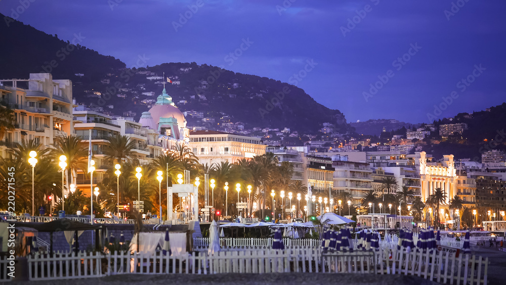 Night view of illuminated Promenade des Anglais in Nice, vacation in France
