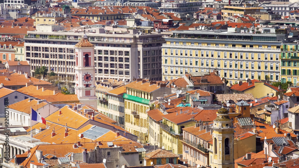 Old city of Nice, rooftop panoramic view of buildings and churches, travel