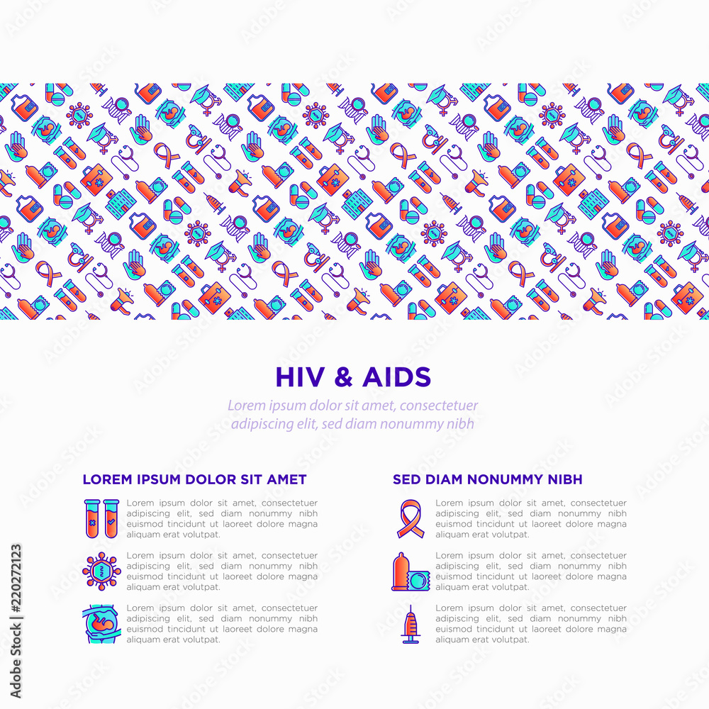 HIV and AIDs concept with thin line icons: safe sex, blood transfusion, syringe, antiviral drugs, physical examination, AIDs ribbon, blood test. Modern vector illustration, print media template.