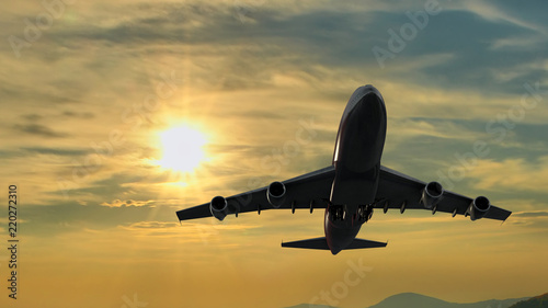 plane taking off for traveling and transport business against the sunset