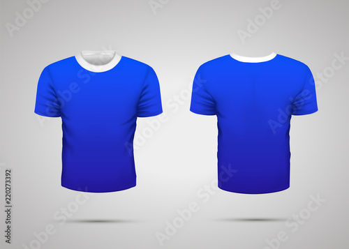 Mockup of blank blue realistic sport t-shirt with shadow on gray