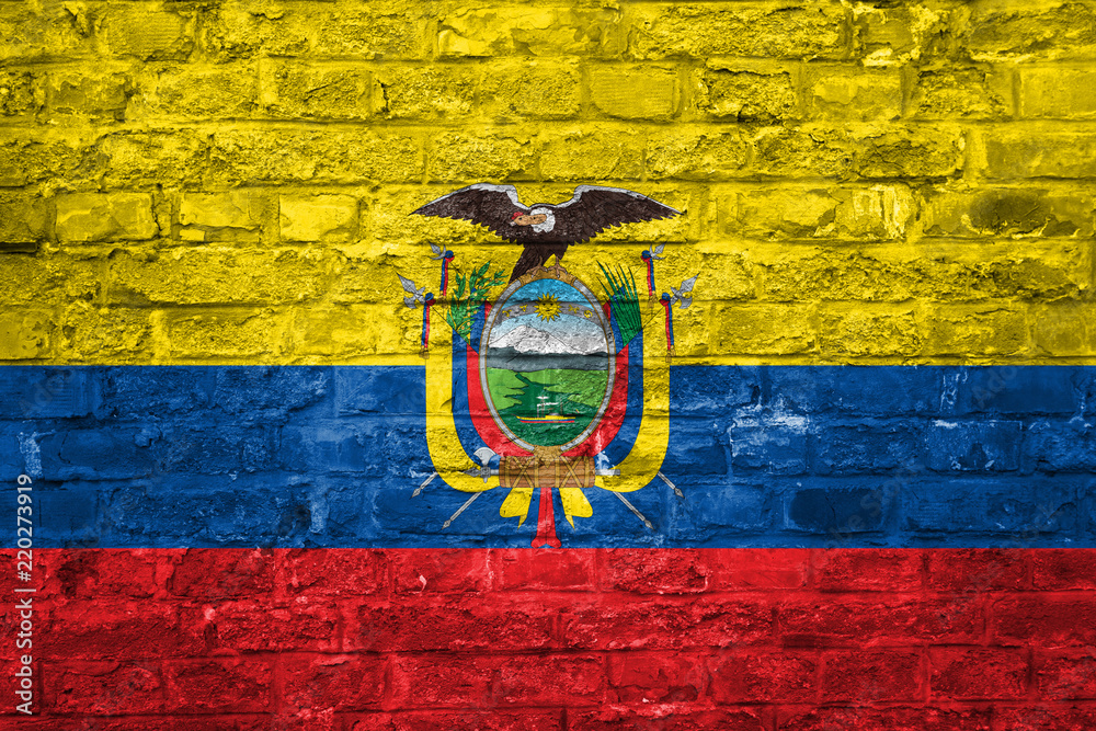 Flag of Ecuador over an old brick wall background, surface