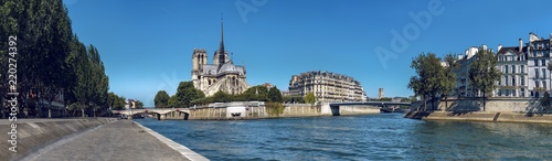 Panoramic view of Cathedral of Notre Dame, Paris, architecture, bridge on Seine, tourism and travel postcard