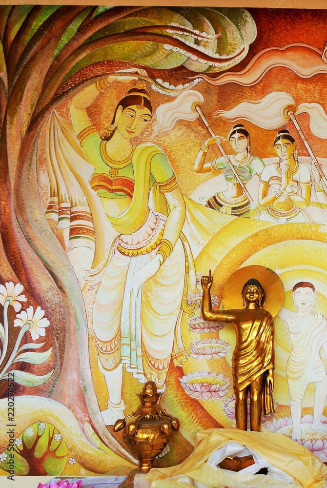 Buddhist wall paintings in Sri Lanka temple in Lumbini, Nepal Stock