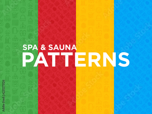 Four different spa & sauna seamless patterns with thin line icons: massage oil, towels, steam room, shower, soap, pail and ladle, hygrometer, herbal tea, birch, whisk, facial mask. Vector illustration