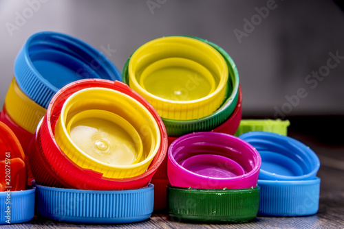Composition with colorful plastic bottle caps