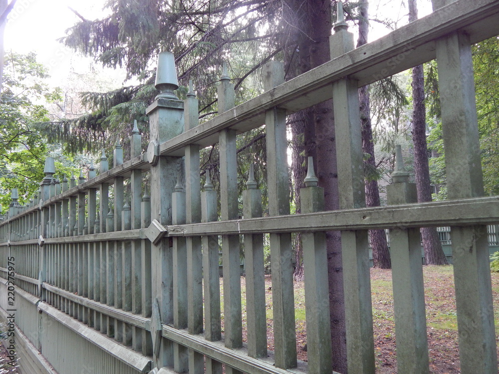 Fototapeta premium A wooden green fence, followed by a park