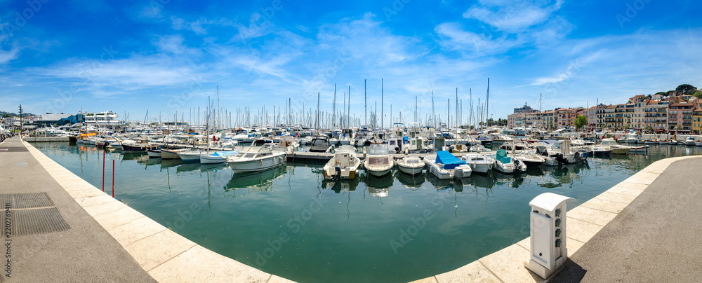 Panorama of beautiful white modern yachts at sea port in Nice, France, Europe