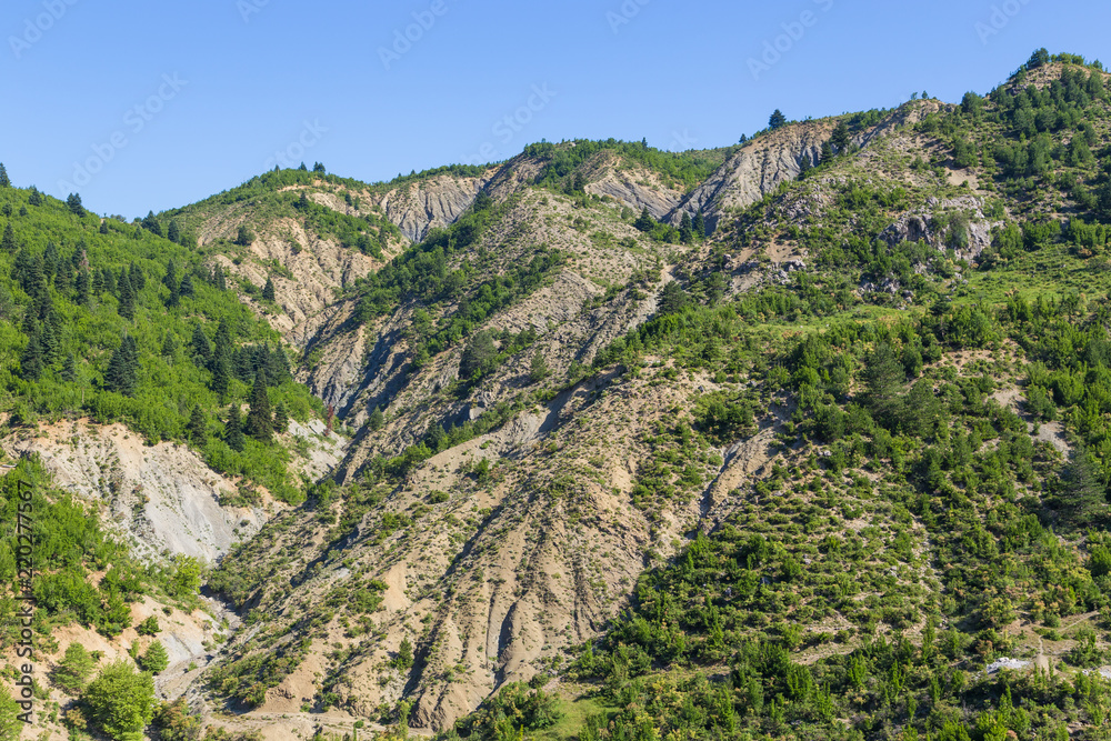 Scenic landscape view in Melesin mountain in summer day. Leskovik area, Albania, Europe.
