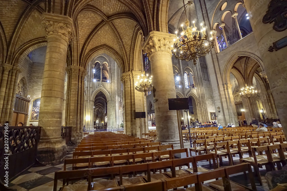 Paris, France- circa May, 2017: Notre Dame Cathedral interior at Paris, France. Notre-Dame, is a medieval Catholic cathedral on the Ile de la Cite in the fourth arrondissement of Paris