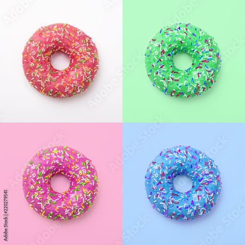 Set of colorful donuts in icing on a colored background. Excellent fresh delicious purple green blue pink donut in icing. Collage