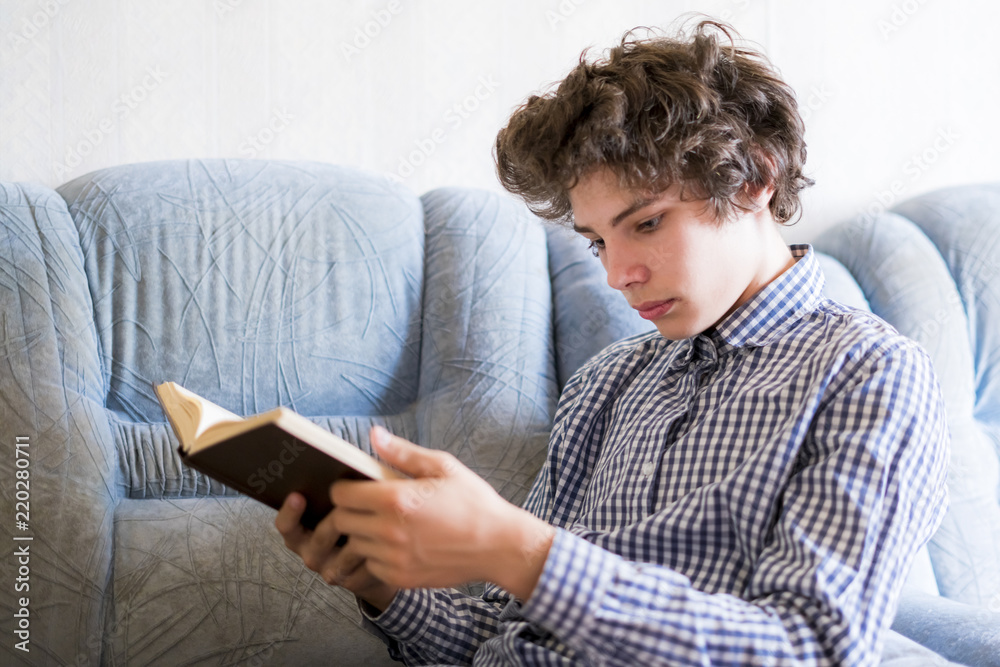 young smiling teenager lying on the sofa and reading a book at home young smiling teenager lying on the sofa and reading a book at home