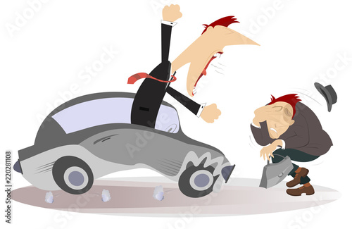 Road accident illustration. Angry driver man swings his fists and cries to the pedestrian isolated illustration
