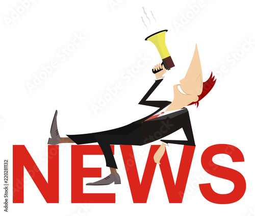 Man, megaphone and news concept illustration. Cartoon man with megaphone makes announcement lying on the inscription news

