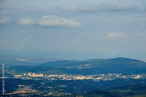 Czech landscape with Jablonec nad Nisou city viewed from Jested hill near Liberec city at summer evening sunset 50 years after soviet occupation of Czechoslovakia 1968