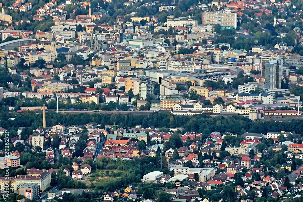 Detail of Liberec city viewed from Jested hill at summer evening sunset 50 years after soviet occupation of Czechoslovakia 1968