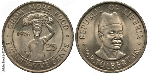 Liberia Liberian coin 25 twenty five cents 1976, subject F.A.O., woman with basket on head divides date and value, 3/4 bust of W.R.Tolbert Jr.,  photo