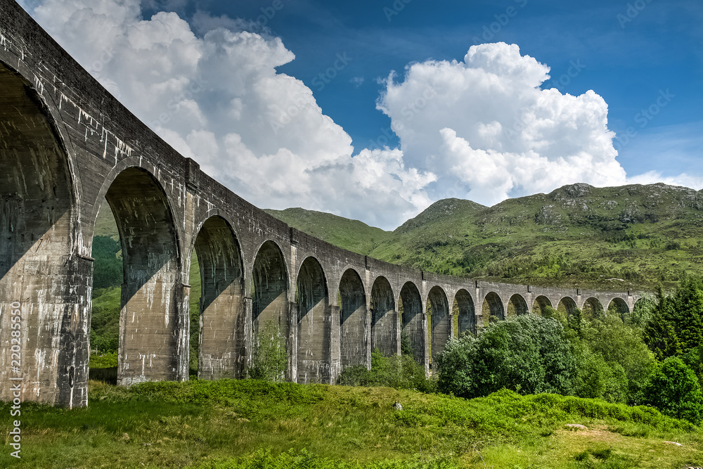 Side view of the Glennfinnan viaduct on a warm summer day, Scotland, UK