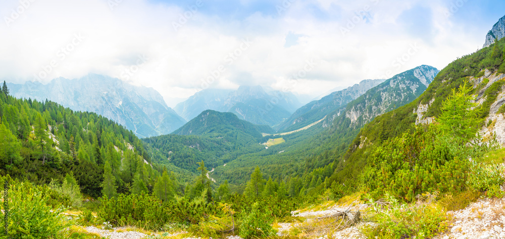 Panoramic view of Alps from road to Mangart saddle in Slovenia