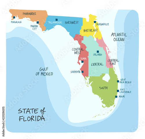 Hand Drawn map of Florida with regions and counties