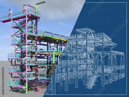 BIM model of a building made of metal construction, metal structure. 3D architectural, construction, industrial and engineering background. 3D rendering. Drawing blueprint.