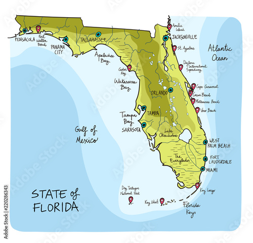 Hand Drawn map of Florida with main cities and point of interest.