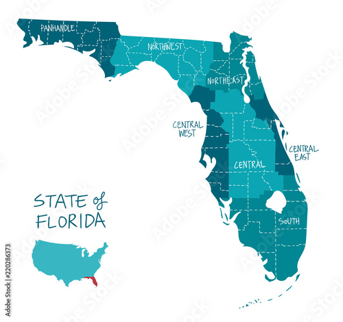 Hand Drawn map of Florida with regions and counties