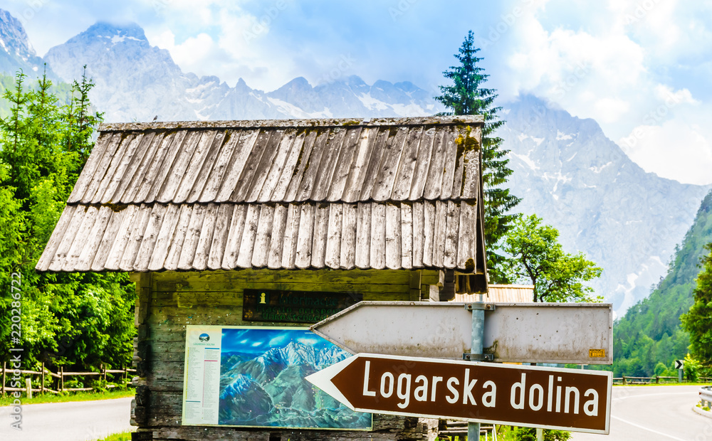 View on entrance of logarska dolina valley in Slovenia - obrazy, fototapety, plakaty 