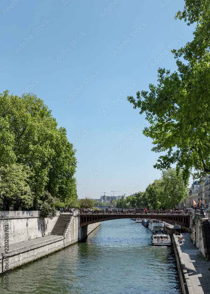 Seine river in Paris with bridge Pont de l’Archeveche near Notre Dame church