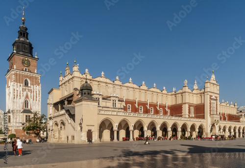 Beautiful view of the Cloth Hall and Town Hall Tower in the historic center of Krakow, Poland