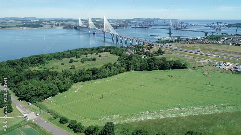 Aerial image of traffic on the approach roads to the Queensferry Crossing bridge near Edinburgh. Aerial image of traffic on the approach roads to the Queensferry Crossing bridge near Edinburgh.