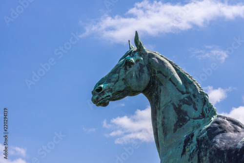 Edinburgh, Scotland, UK - June 14, 2012: Closeup of Horse statue of King Tom looking at Firth of Forth at Dalmeny House. Head and shoulders. Blue sky. photo