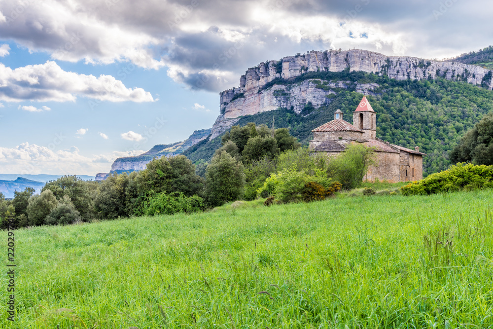 Mountain landscape with a Beautiful Old Church. (Collsacabra Mountains, Rupit, Catalonia, Spain)