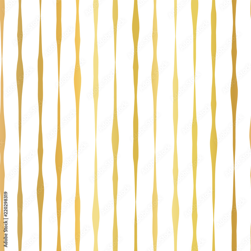 Gold foil hand drawn vertical lines seamless vector pattern. White wavy irregular stripes on golden background. Elegant design for digital paper, banner, wedding, party, birthday, invite, gift wrap