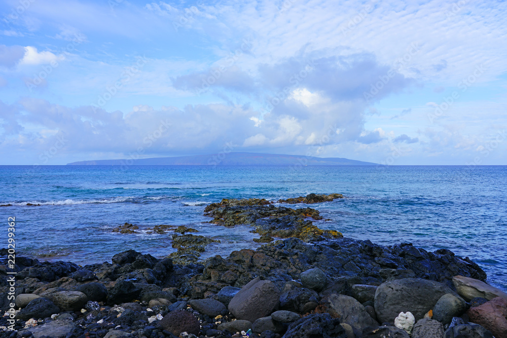 View of black lava rock and blue ocean at the Ahihi-Kinau Natural Area Reserve, on the West shore of Maui south of Wailea and Makena, Hawaii