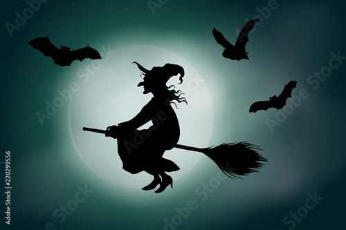 Vector witch flying on a broomstick in front of a full moon on green misty sky background.