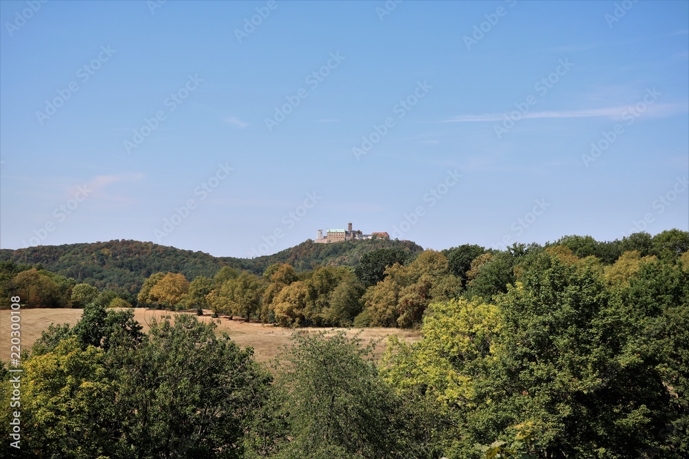 View from the Göpelskuppe to Wartburg at the edge of Thuringian Forest, Eisenach Germany 